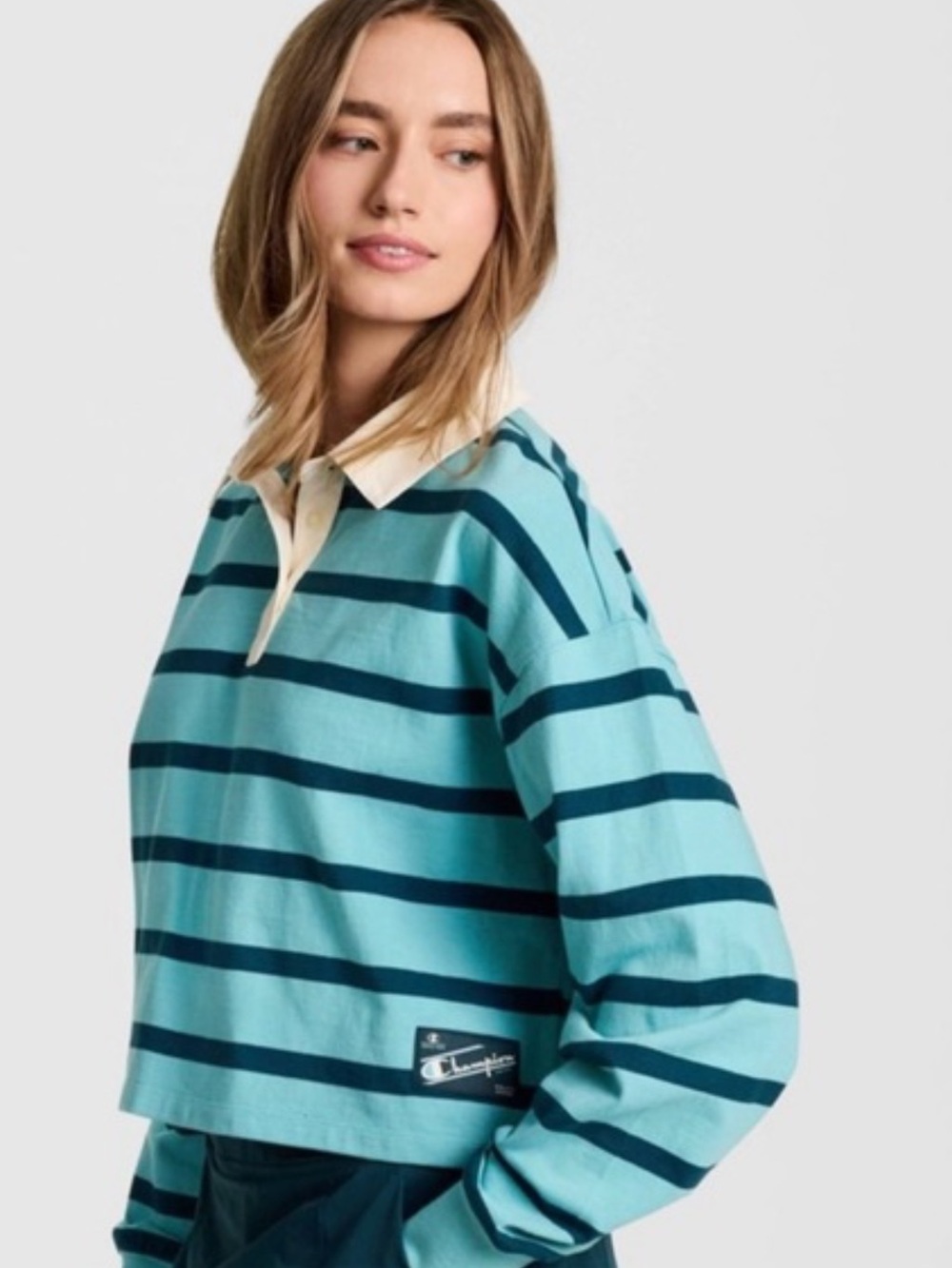 CHAMPION SIZE LARGE LONG SLEEVE CROPPED RUGBY SHIRT TEAL NAVY
